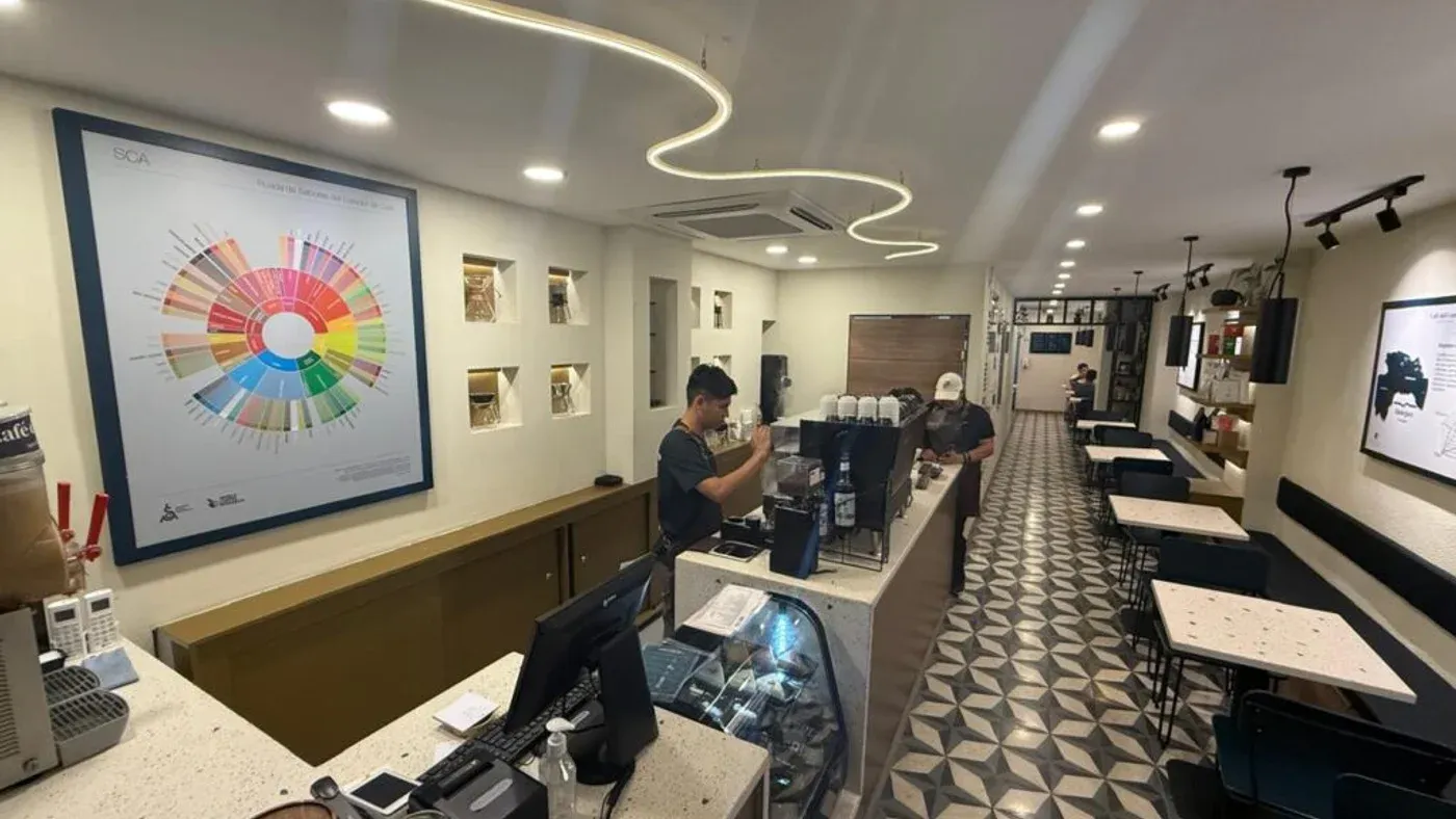 Taza de café de especialidad salvadoreño servido en una cafetería del Centro Histórico